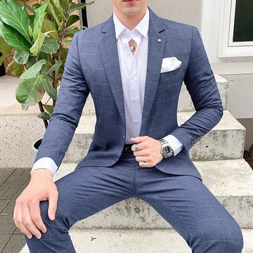 Riolio 2 Pieces Suits Set Men Style Design Fashion Male Slim Fit Plaid Wedding Dress Blazers Jacket Pants Trousers Coat